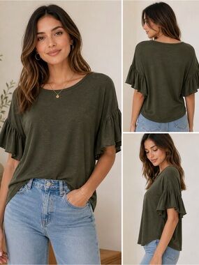 Velvet Olive Ruffle Sleeve Short-Sleeve Top